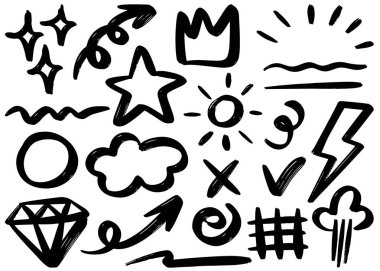 Beyaz arka planda izole edilmiş konsept tasarım için çizilmiş El karalama elementleri. vektör illüstrasyonu.