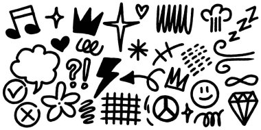 Kalın fırça El karalama stili kalp, karalama, yıldız, işaretleme işareti, spiraller, çiçek, elmas, pırıltı, yaprak, rüzgar, şimşek ve vurgu elementi koleksiyonu.