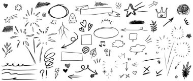 El çizimi karalama tarzı kalp, karalama, yıldız, kontrol işareti, spiraller, ok, vurgu, konuşma balonu, altçizgi, ışıltı, yapraklar, rüzgar, şimşek ve vurgu elementi..