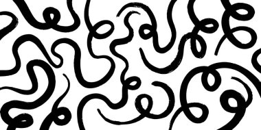 Beyaz arka planda kalın, elle çizilmiş fırça darbeleri, döngüler, karalamalar ve grunge mürekkep dokuları içeren soyut desen.