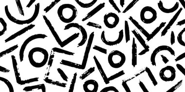 Beyaz arka planda kalın, elle çizilmiş fırça darbeleri, döngüler, karalamalar ve grunge mürekkep dokuları içeren soyut desen.