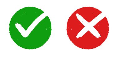 Yeşil işaret ve kırmızı haç gösteren bir dizi düz dizayn simgesi. Bu semboller genellikle doğru vs. yanlış, onay vs. reddedilme ve doğru vs. yanlış kavramları temsil etmek için kullanılır..
