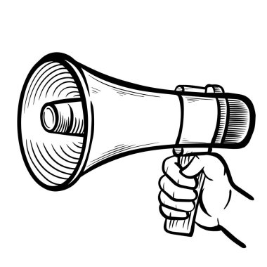 Bir hoparlör ya da megafon ikonunun el çizimi, iletişimi, duyuruları, pazarlamayı ve tanıtımı sembolize ediyor..