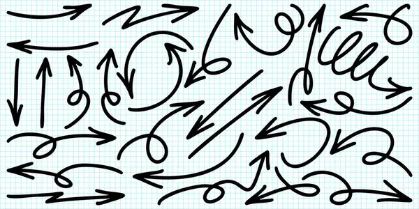 Mavi şebeke kağıdının arka planında çeşitli şekillerde el çizimi karalama okları var. Sunumlar, bilgi grafikleri, notlar, planlama için ideal kıvrımlı, zigzag, spiral ve kesik okları içerir.