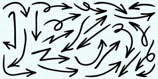 Mavi şebeke kağıdının arka planında çeşitli şekillerde el çizimi karalama okları var. Sunumlar, bilgi grafikleri, notlar, planlama için ideal kıvrımlı, zigzag, spiral ve kesik okları içerir.