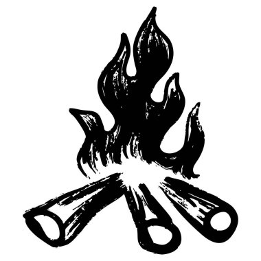 Üç kütüğü ve stilize alevleri olan bir kamp ateşinin sanatsal siyah-beyaz linocut çizimi. El yapımı desenli fırça stili kamp, açık hava temaları ve klasik ahşap kesim tasarımları için mükemmel..