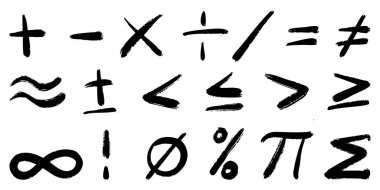 El Çizimi Mürekkep Fırçası Matematik Sembolleri Beyaz Arkaplanda Ayarlandı