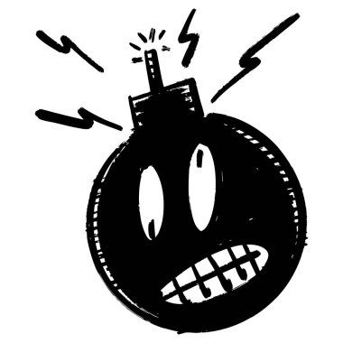 Sinirli ya da paniklemiş bir yüz ifadesini gösteren bir çizgi film bomba karakterinin siyah beyaz çizimi.