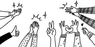 Çeşitli karikatür el çizimleri olumlu jestler yapıyor. El çırpma, baş parmak kaldırma, barış işareti, kalp ve parmak kalp gibi..