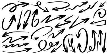 Çeşitli stillerde el çizimi ok karalamaları koleksiyonu, siyah mürekkep çizimi, beyaz arkaplana izole edilmiş..