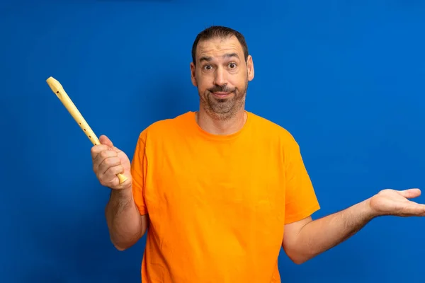 Bearded Latino Man Orange Shirt Frustrated Pissed Being Able Play — Fotografia de Stock