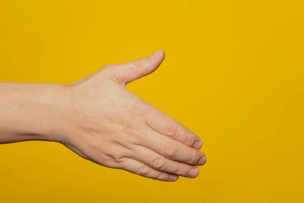 Man stretching out his hand to handshake isolated on a yellow background. Mans hand ready for handshake. Alpha
