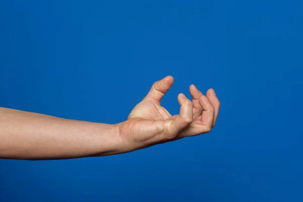 Strong mans hand in the form of a claw containing anger and aggressiveness isolated on blue background.