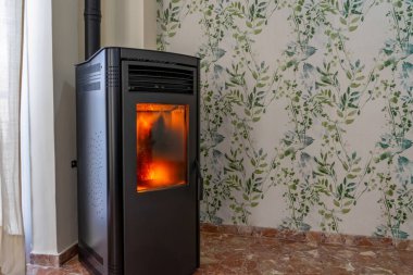 Tamamen işlevsel bir fırının yatay görüntüsü. Sobanın temizlenmesi gerekiyor çünkü cam ve iç kısmı külle dolu. Yenilenebilir enerji kavramı