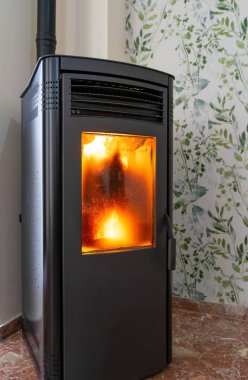 Büyük bir alev ve kirli bir kapı penceresi olan modern bir fırının dikey görüntüsü. Yenilenebilir ve sürdürülebilir enerji, ekolojik ısı.