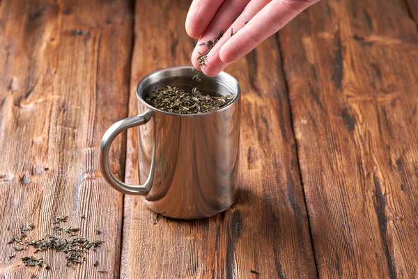 Green Tea Stainless Steel Mug Old Wooden Table — Stock Photo, Image