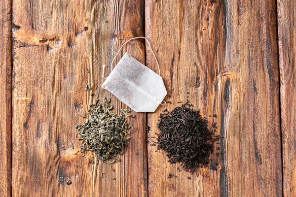 Tea Bag Green Black Tea Old Wooden Table — Stock Photo, Image
