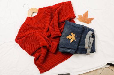 Concept of autumn clothes, autumn season wardrobe