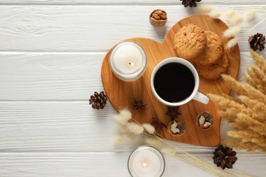 Hygge kavramı, sıcak ve rahat kompozisyon, metin için boşluk