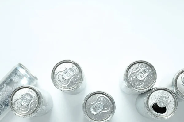 Conceito Bebida Latas Branco Espaço Para Texto — Fotografia de Stock