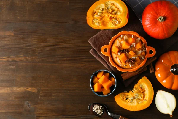 Concept Autumn Vibe Food Pumpkin Porridge Space Text — Stock Photo, Image