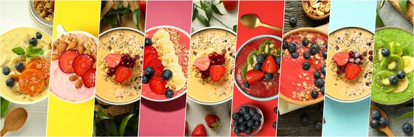 stock image Collage of photos of different smoothie on different backgrounds