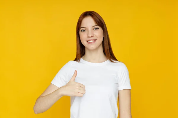 Concept People Young Woman Yellow Background — 图库照片
