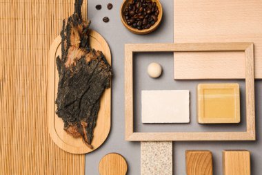 Yaratıcı ahşap kompozisyonun düz yatağı, üst görünüm