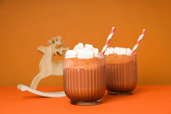 Concept of sweet drink, tasty cocoa drink with marshmallow