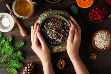 Concept of Orthodox Christmas food, Kutya, top view