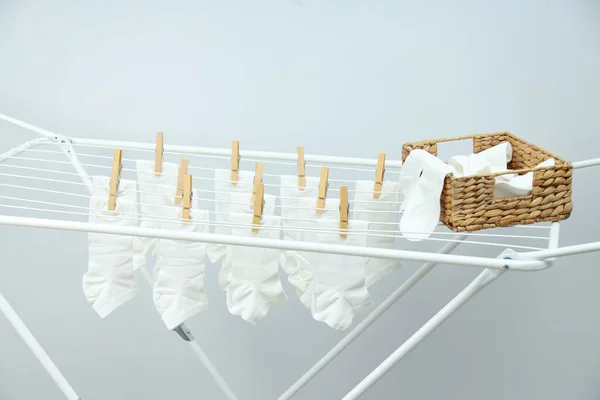 Drying Rack White Socks Wicker Box Socks Light Background — Stock Photo, Image