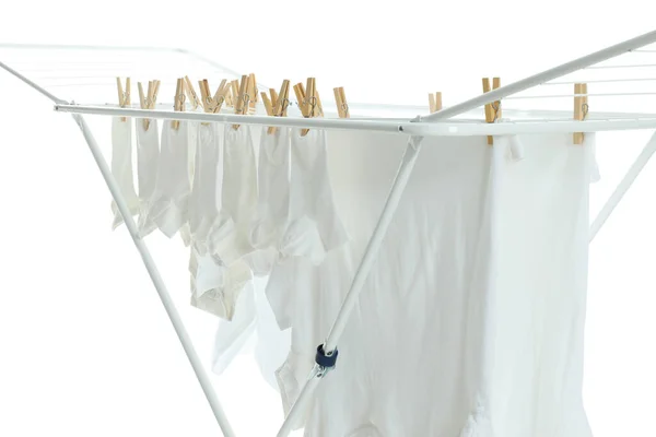 Support Séchage Avec Vêtements Isolé Sur Fond Blanc — Photo