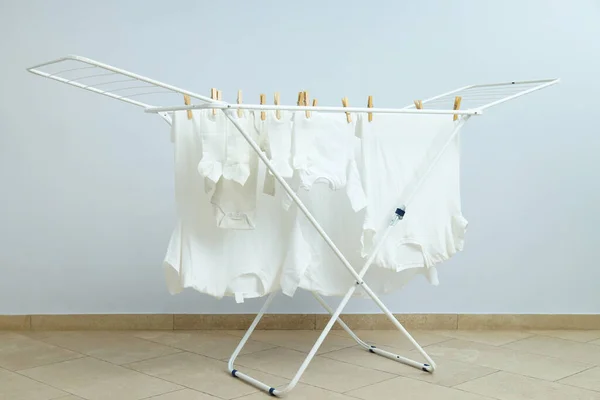 Drying Rack Different Clothes Staying Room — Stock Photo, Image