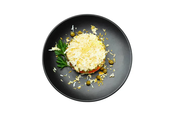 Concept Van New Year Food Olivier Salade Geïsoleerd Witte Achtergrond — Stockfoto