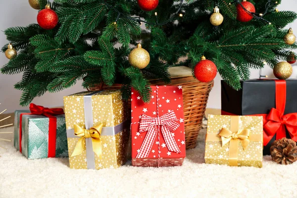 Christmas Tree Beautiful Different Gift Boxes — Stock Photo, Image
