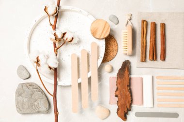 Yaratıcı ahşap kompozisyonun düz yatağı, üst görünüm