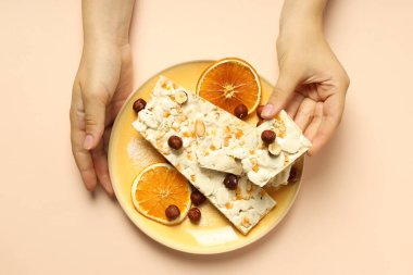 Concept of tasty food, nougat, top view