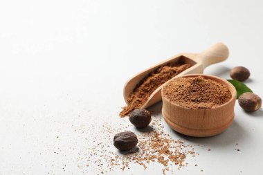 Concept of spices and condiments, nutmegs, space for text