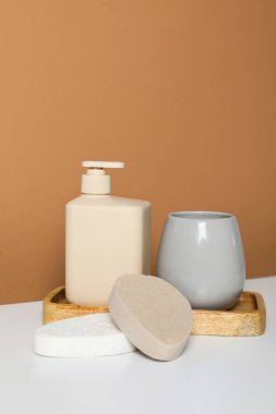 Concept of bath accessories, bath supplies, space for text