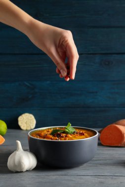 Lezzetli yemek kavramı, tatlı patates püresi