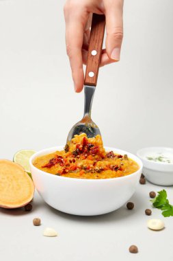 Lezzetli yemek kavramı, tatlı patates püresi