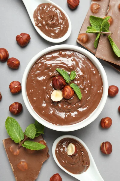 Concept of sweet food, chocolate cream, top view