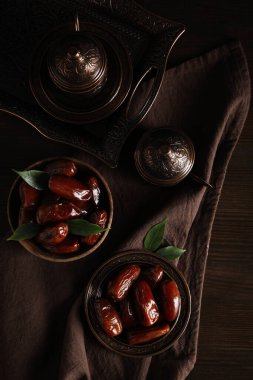 Concept of tasty food, dates, top view