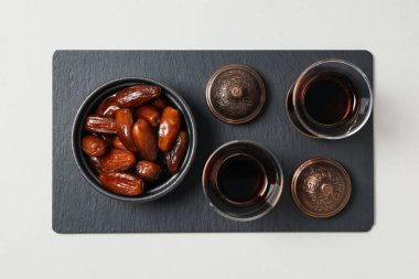 Concept of tasty food, dates, top view