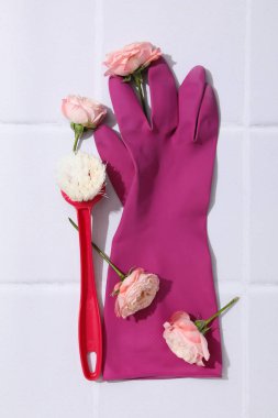 Concept of spring cleaning and house cleaning, top view