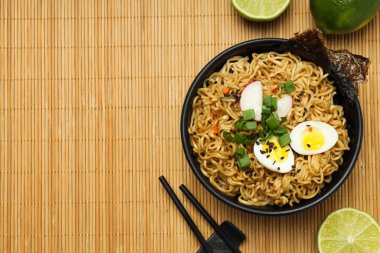 Concept of instant food, instant noodles, space for text