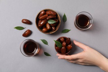 Concept of tasty food, dates, top view