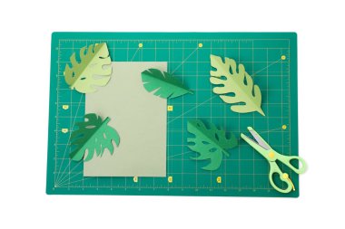 Concept of accessories for patchwork, cutting mat, isolated on white background