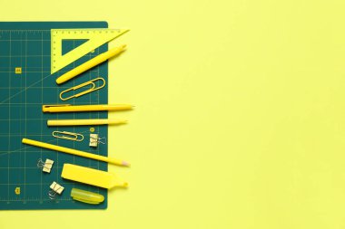 Concept of accessories for patchwork, cutting mat, space for text