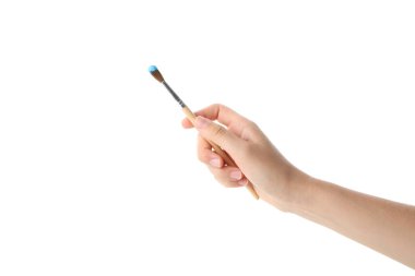 Beyaz arka planda izole edilmiş, boyalı fırça tutan bir kadın.